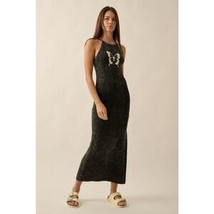 Promesa Size Large Charcoal Vintage Wash Butterfly Graphic Tank Maxi Dress